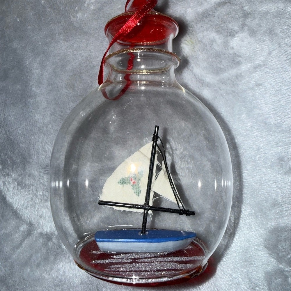 Hampton Nautical Mini Sailboat Glass Bottle Ornament Red Glitter‎ Base Christmas